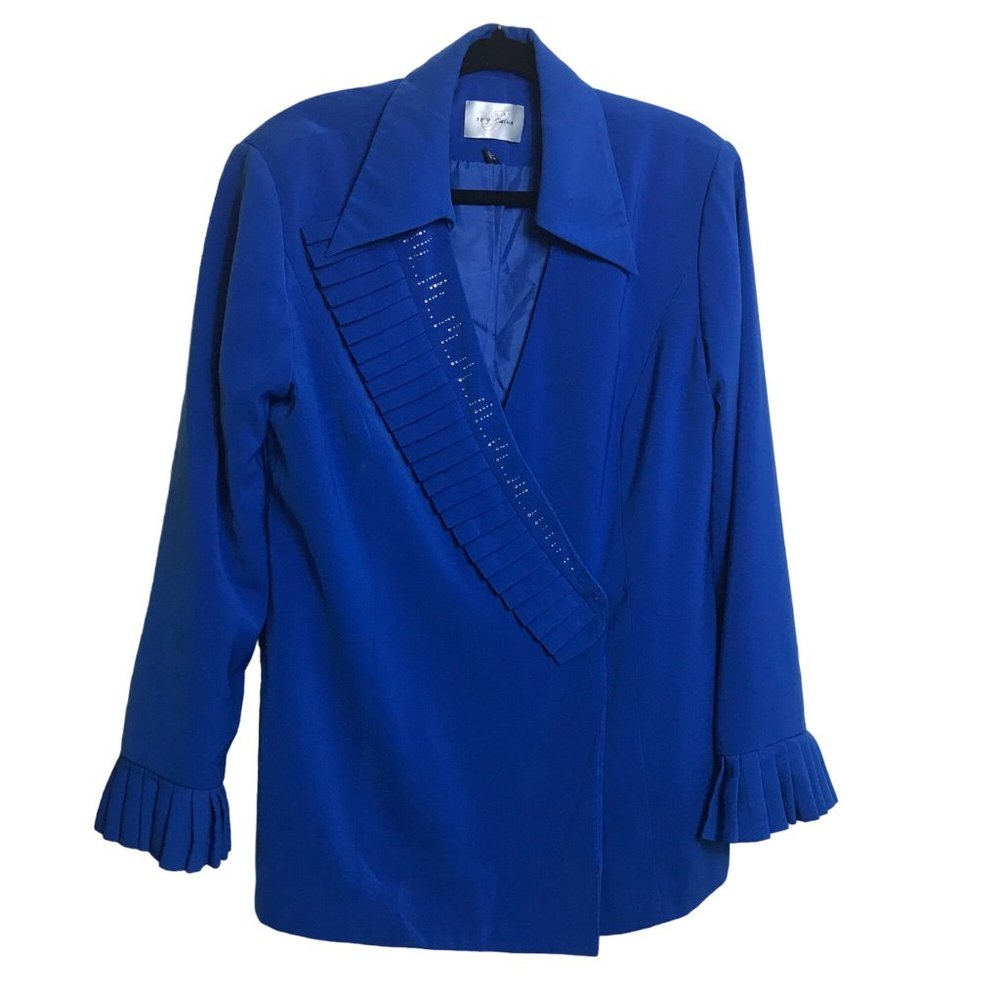 Terramina Blue Blazer Double Breasted Pleated Rhinestone Bell Sleeve Size 14